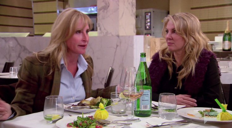 Sonja-Morgan-Ramona-Singer-Green-Jacket-Purple-Fur-Table-RHONY