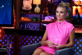 Taylor Ann Green on Watch What Happens Live wearing a pink dress