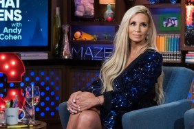 Camille Grammer Meyer on Watch What Happens Live, posing in a chair and wearing a blue dress