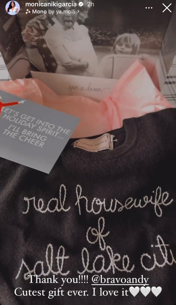 A screenshot from Monica Garcia's Instagram story showing a black sweater with "Real Housewife of Salt Lake City" embroidered in white. 