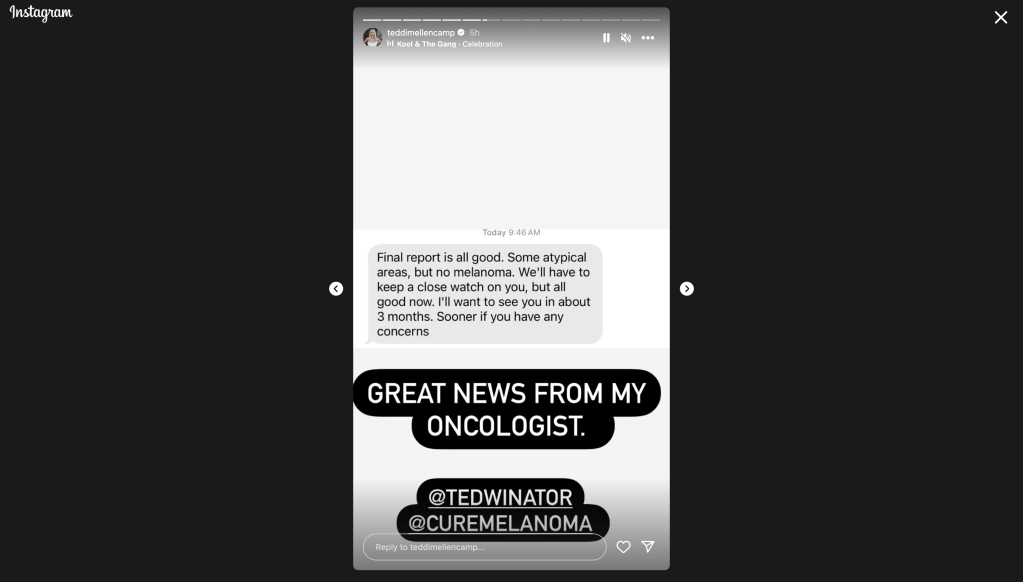 A screenshot from Teddi Mellencamp's Instagram showing a message from her doctor. 