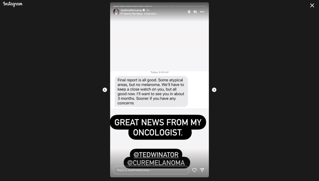 A screenshot from Teddi Mellencamp's Instagram showing a message from her doctor.