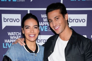 Danielle Olivera and Joe Bradley posing together backstage at Watch What Happens Live
