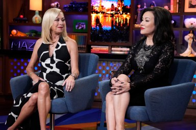 Jennifer Tilly and Sutton Stracke sitting side by side in black and white dresses on Watch What Happens Live