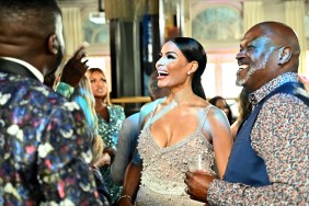 Mia Thornton and Gordon Thornton smiling and talking to their costars during an episode of The Real Housewives of Potomac Season 7