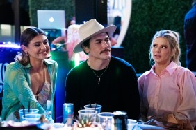 Rachel Leviss, Tom Sandoval, and Ariana Madix sitting at table in Vanderpump Rules Season 10