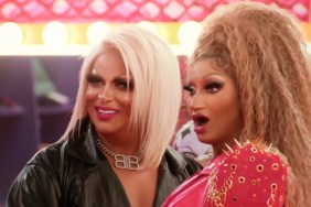Roxxxy Andrws and Angeria Paris VanMichaels making shocked expressions on RuPaul's Drag Race All Stars 9