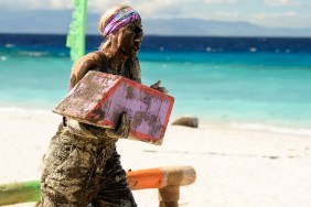 Carolyn Wiger carrying a box, covered in mud, and screaming on Survivor 44