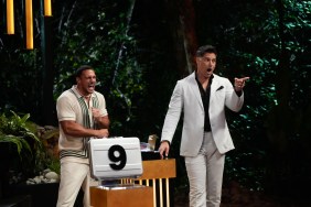 Joe Manganiello and Nicholas Grasso on Deal or No Deal Island, they both look surprised and excited