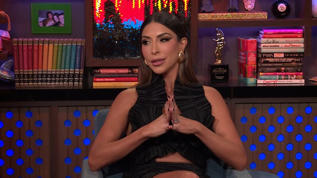 Taleen Marie in a black dress on Watch What Happens Live, where she made jokes about Caroline Stanbury