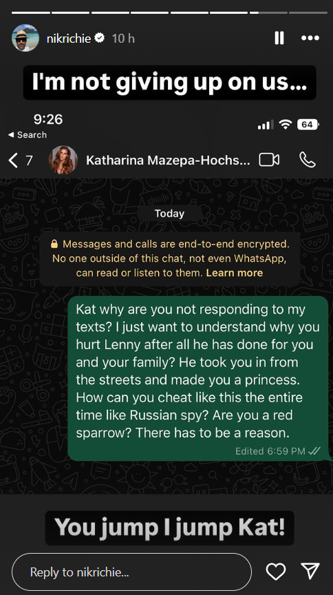 Katharina Mazepa accused of cheating on Lenny Hochstein