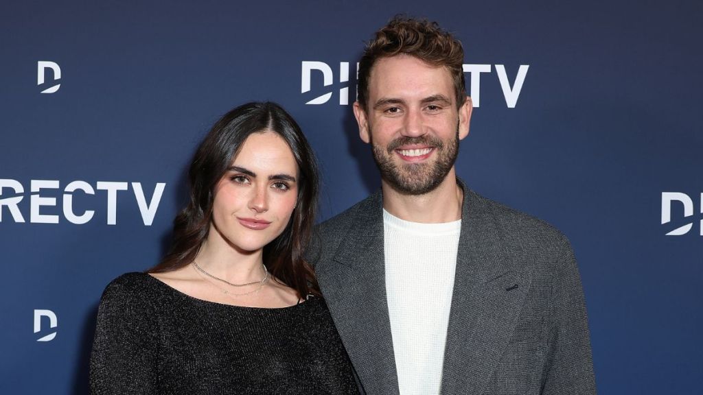 Natalie Joy, Nick Viall at DirecTV's Christmas at Kathy's at the Hiltons' private residence on December 10, 2024 in Los Angeles, California.