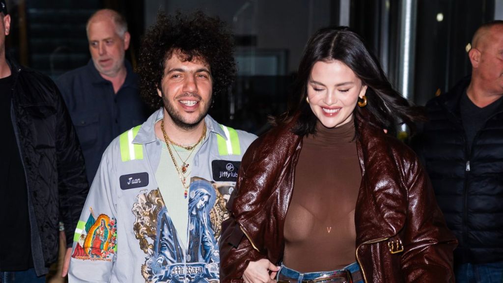 Benny Blanco (L) and Selena Gomez are seen in the Upper West Side on March 19, 2025 in New York City.