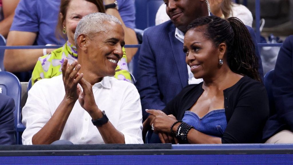 Former President of the United States Barack Obama and former First Lady Michelle Obama attend the men's singles first round match between Novak Djokovic of Serbia and Alexandre Muller of France during day one of the 2023 US Open at Arthur Ashe Stadium at the USTA Billie Jean King National Tennis Center on August 28, 2023 in the Flushing neighborhood of the Queens borough of New York City.