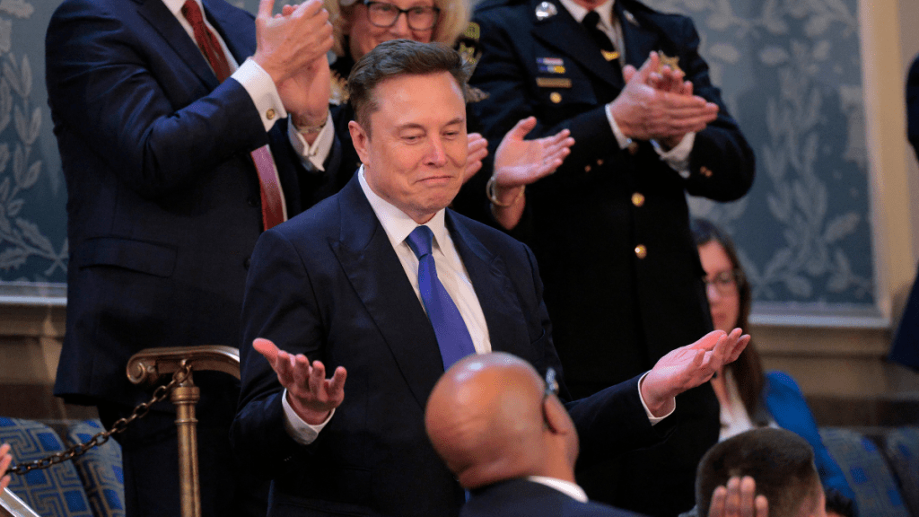 White House Senior Advisor to the President and Tesla and SpaceX CEO Elon Musk stands after being recognized by U.S. President Donald Trump while addressing a joint session of Congress at the U.S. Capitol on March 04, 2025 in Washington, DC. President Trump was expected to address Congress on his early achievements of his presidency and his upcoming legislative agenda.
