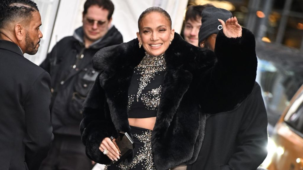 Jennifer Lopez arrives to the opening of "Othello" on Broadway at the Ethel Barrymore Theatre on March 23, 2025 in New York City.