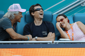 Jon Bon Jovi, Jake Bongiovi and Millie Bobby Brown attend the Novak Djokovic of Serbia and Sebastian Korda of the United States match on Day 10 of the Miami Open at Hard Rock Stadium on March 27, 2025 in Miami Gardens, Florida.