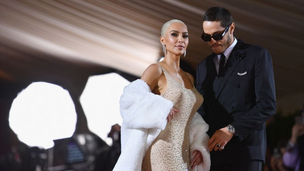 US socialite Kim Kardashian and comedian Pete Davidson arrive for the 2022 Met Gala at the Metropolitan Museum of Art on May 2, 2022, in New York.
