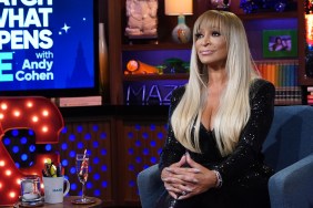 Karen Huger sitting in a black suit on Watch What Happens Live