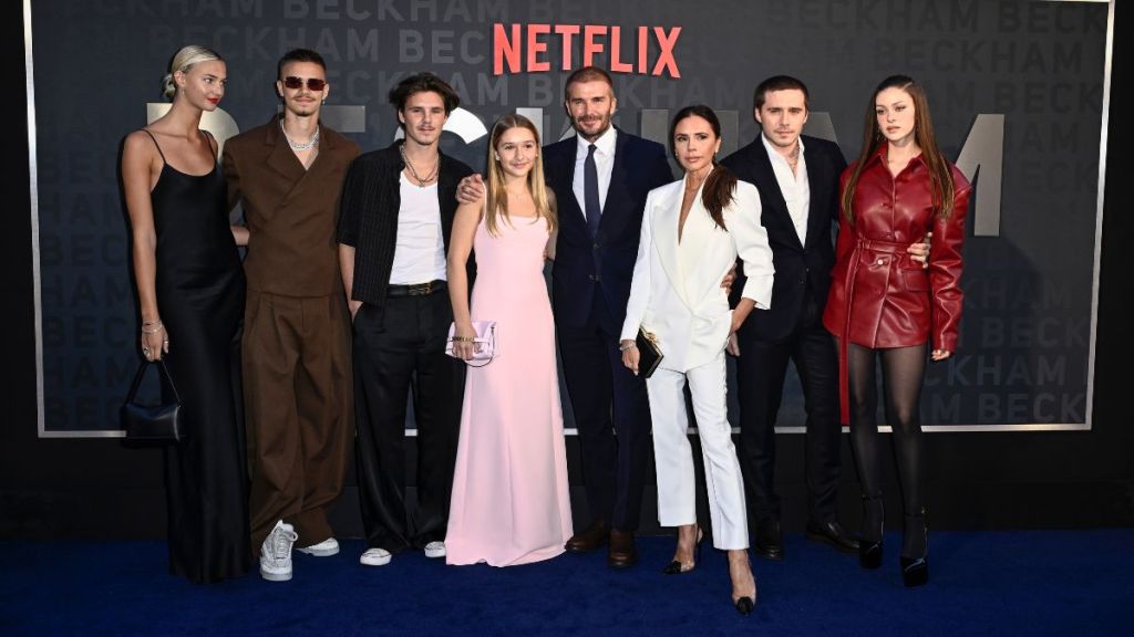 Mia Regan, Romeo Beckham, Cruz Beckham, Harper Beckham, David Beckham, Victoria Beckham, Brooklyn Peltz Beckham and Nicola Peltz Beckham attend the Netflix 'Beckham' UK Premiere at The Curzon Mayfair on October 03, 2023 in London, England.
