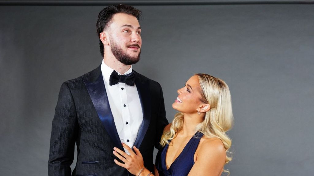 Paul Skenes #30 of the Pittsburgh Pirates poses for a photo with his girlfriend Livvy Dunne during the 2025 BBWAA Awards Dinner at New York Hilton Midtown on Saturday, January 25, 2025 in New York, New York.