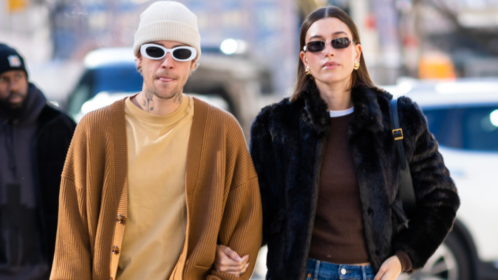 Justin Bieber (L) and Hailey Bieber are seen in Tribeca on January 24, 2023 in New York City.