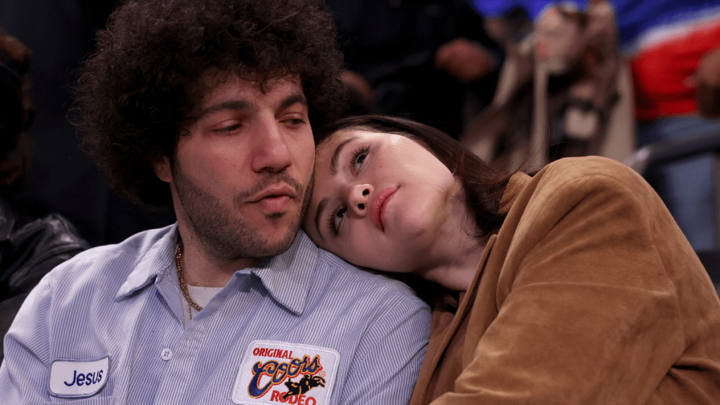 Benny Blanco and Selena Gomez attend the game between the New York Knicks and the Boston Celtics at Madison Square Garden on April 08, 2025 in New York City.