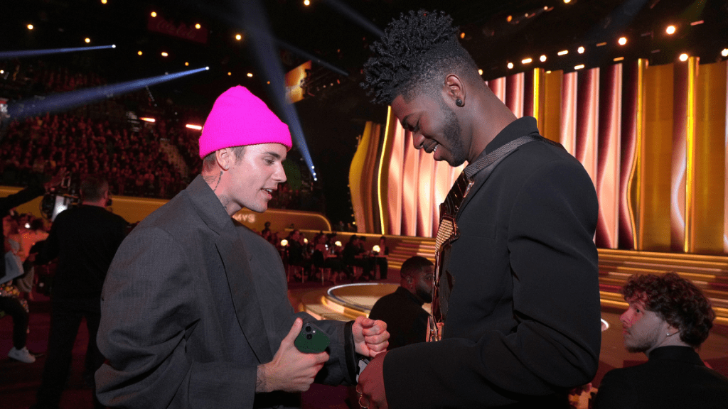 Justin Bieber and Lil Nas X attend the 64th Annual GRAMMY Awards at MGM Grand Garden Arena on April 03, 2022 in Las Vegas, Nevada.