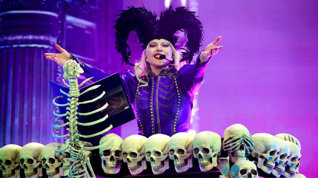 Lady Gaga performs at the Coachella Stage during the 2025 Coachella Valley Music and Arts Festival at Empire Polo Club on April 11, 2025 in Indio, California.