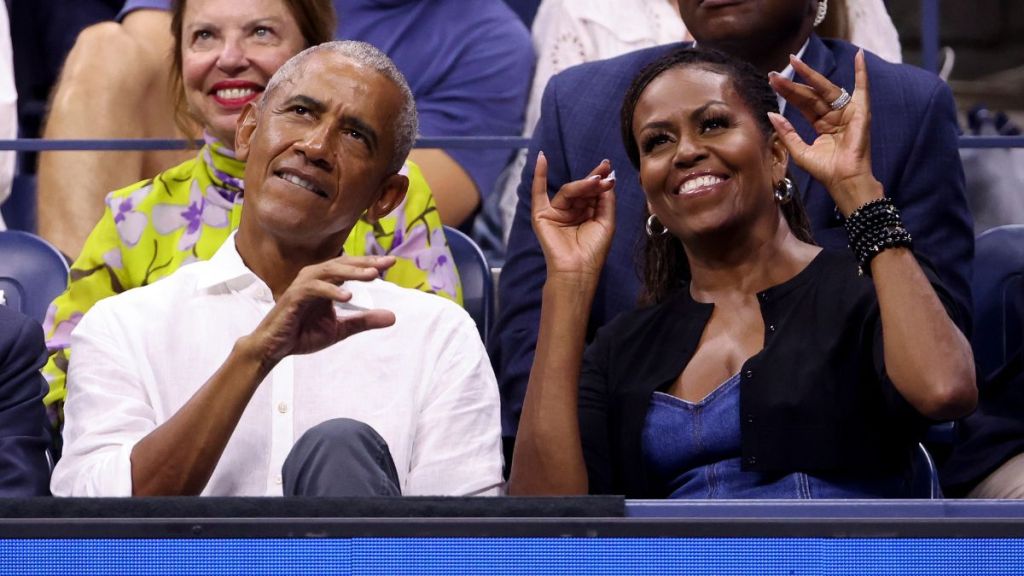 Former President of the United States Barack Obama and former First Lady Michelle Obama attend the men's singles first round match between Novak Djokovic of Serbia and Alexandre Muller of France during day one of the 2023 US Open at Arthur Ashe Stadium at the USTA Billie Jean King National Tennis Center on August 28, 2023 in the Flushing neighborhood of the Queens borough of New York City.