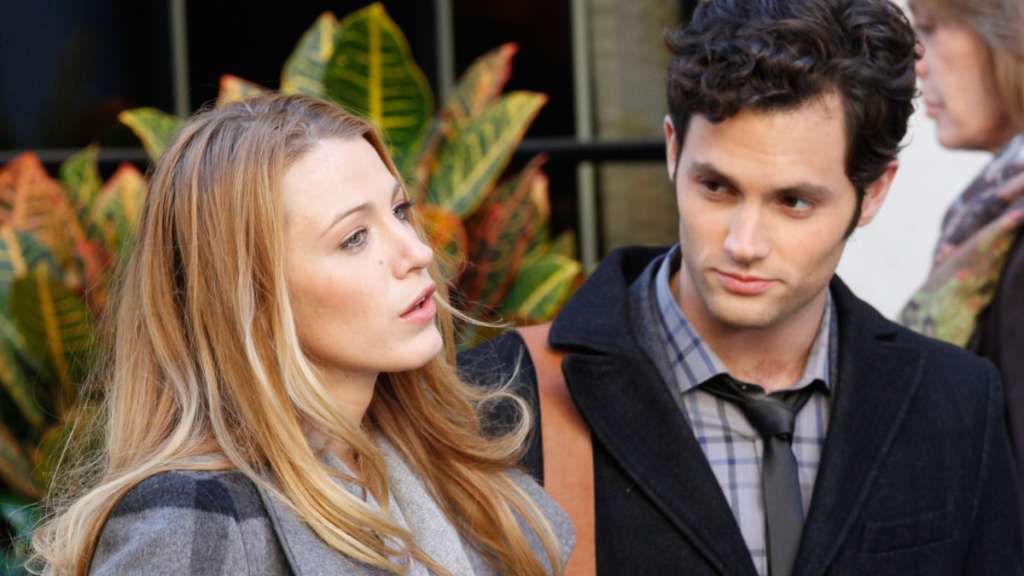 Actress Blake Lively and actor Penn Badgley are seen on the set of the TV show "Gossip Girl" on location on the streets of Manhattan on November 1, 2010 in New York City.