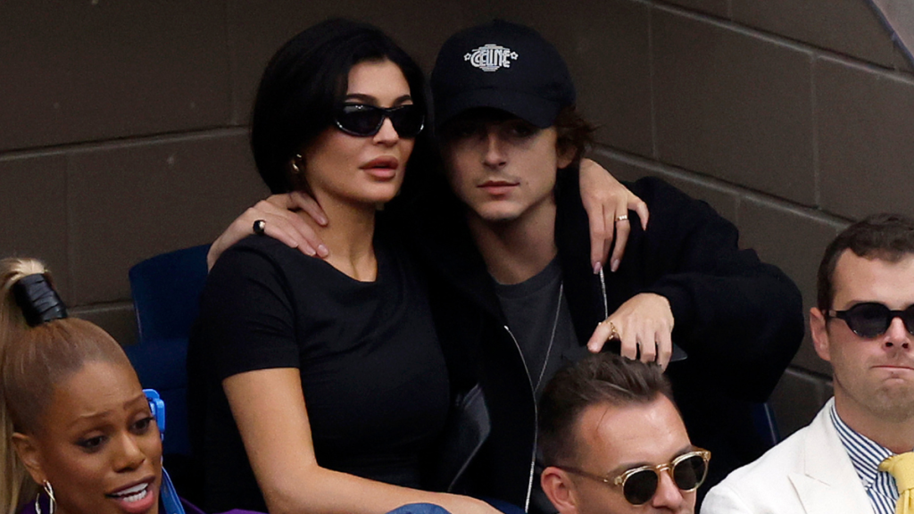 Kylie Jenner and actor Timothée Chalamet look on during the Men's Singles Final match between Novak Djokovic of Serbia and Daniil Medvedev of Russia on Day Fourteen of the 2023 US Open at the USTA Billie Jean King National Tennis Center on September 10, 2023 in the Flushing neighborhood of the Queens borough of New York City.
