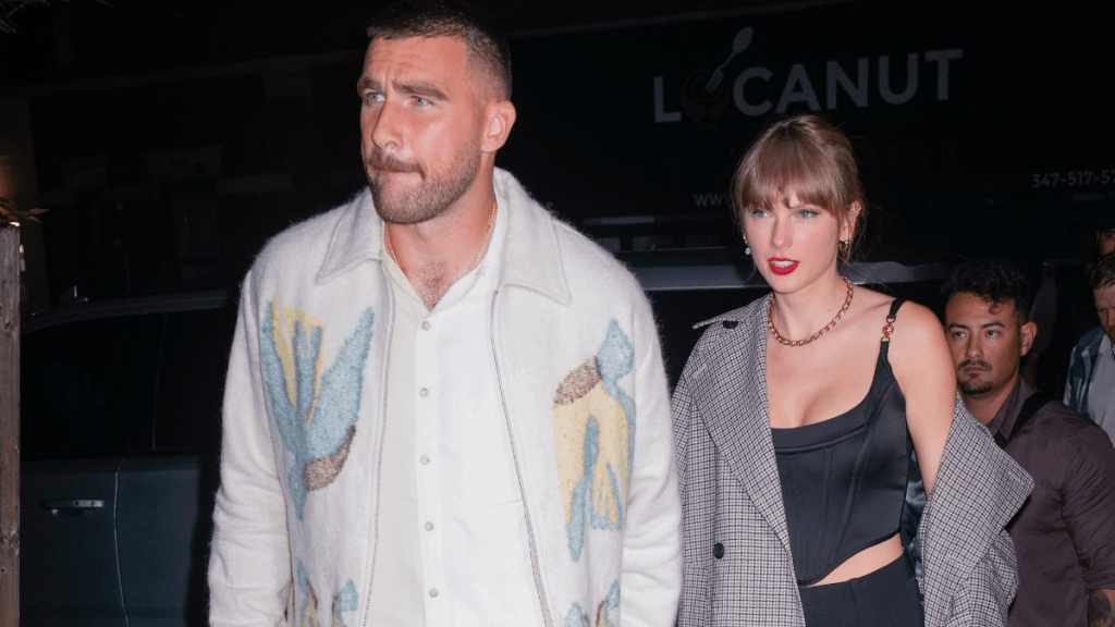 Travis Kelce and Taylor Swift arrive at SNL Afterparty on October 15, 2023 in New York City.