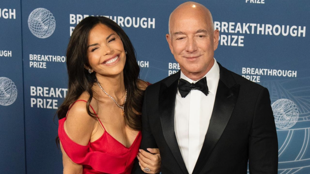 Lauren Sanchez and Jeff Bezos attend the 2025 Breakthrough Prize Ceremony at Barker Hangar
