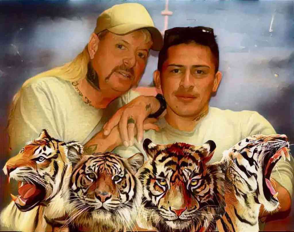A painting of Joe Exoctic, his husband, and four tigers