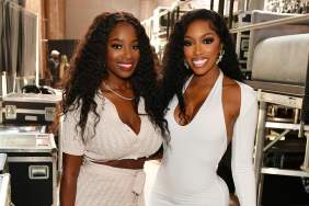 Shamea Morton and Porsha Williams posing together and wearing white dresses