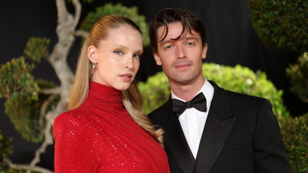 Abby Champion and Patrick Schwarzenegger attend the 2025 Vanity Fair Oscar Party Hosted By Radhika Jones at Wallis Annenberg Center for the Performing Arts on March 02, 2025 in Beverly Hills, California.