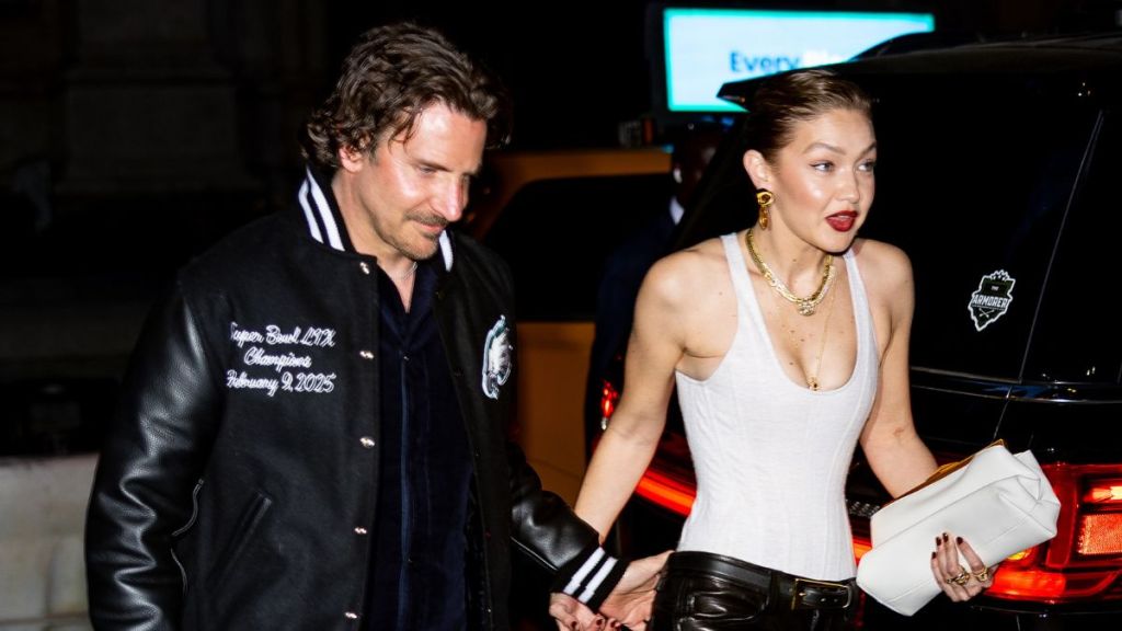 Bradley Cooper (L) and Gigi Hadid are seen in Midtown on April 25, 2025 in New York City.