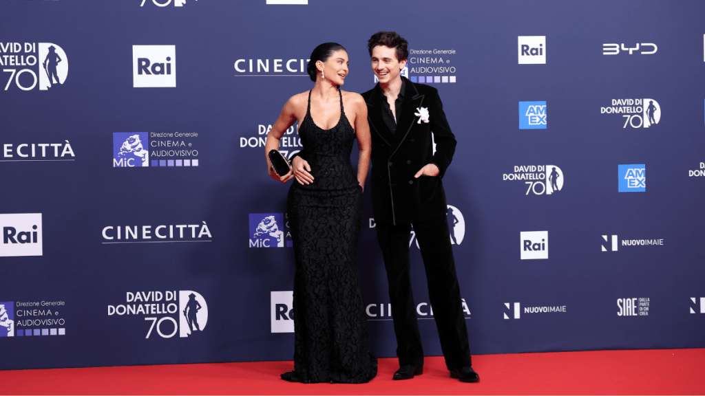 Kylie Jenner and Timothée Chalamet attend the red carpet during the 70th David Di Donatello at Cinecitta Studios on May 07, 2025 in Rome, Italy.