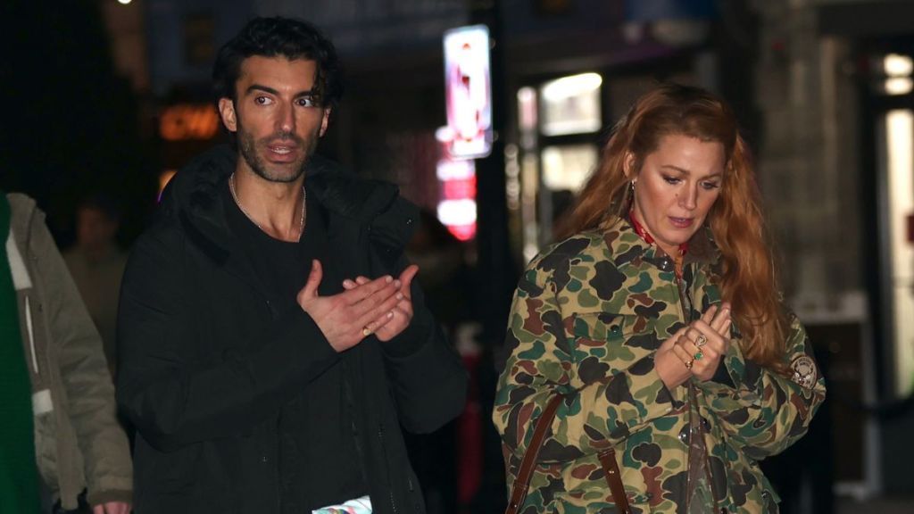 Justin Baldoni and Blake Lively are seen on the set of 'It Ends with Us' on January 12, 2024 in Jersey City, New Jersey.