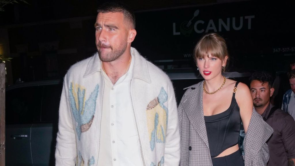Travis Kelce and Taylor Swift arrive at SNL Afterparty on October 15, 2023 in New York City.