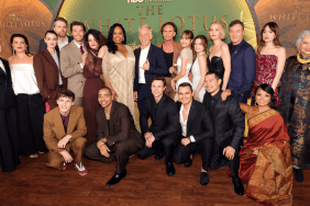 (L-R) Carrie Coon, Morgana O'Reilly, Charlotte Le Bon, David Bernad, Sam Nivola, Patrick Schwarzenegger, Parker Posey, Nicholas Duvernay, Natasha Rothwell, Mike White, Arnas Fedaravičius, Walton Goggins, Julian Kostov, Lisa, Sarah Catherine Hook, Tayme Thapthimthong, Leslie Bibb, Jason Isaacs, Shalini Peiris, Aimee Lou Wood and Lek Patravadi attend the Los Angeles Premiere of HBO Original Series "The White Lotus" Season 3 at Paramount Theatre on February 10, 2025 in Los Angeles, California.