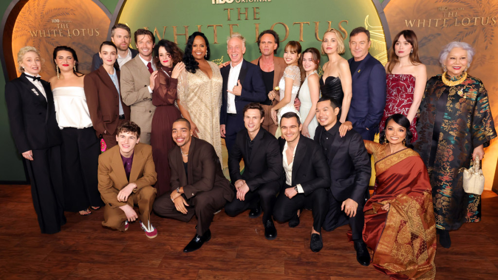 (L-R) Carrie Coon, Morgana O'Reilly, Charlotte Le Bon, David Bernad, Sam Nivola, Patrick Schwarzenegger, Parker Posey, Nicholas Duvernay, Natasha Rothwell, Mike White, Arnas Fedaravičius, Walton Goggins, Julian Kostov, Lisa, Sarah Catherine Hook, Tayme Thapthimthong, Leslie Bibb, Jason Isaacs, Shalini Peiris, Aimee Lou Wood and Lek Patravadi attend the Los Angeles Premiere of HBO Original Series "The White Lotus" Season 3 at Paramount Theatre on February 10, 2025 in Los Angeles, California.