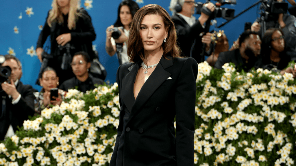 Hailey Bieber attends the 2025 Met Gala Celebrating "Superfine: Tailoring Black Style" at Metropolitan Museum of Art on May 05, 2025 in New York City.