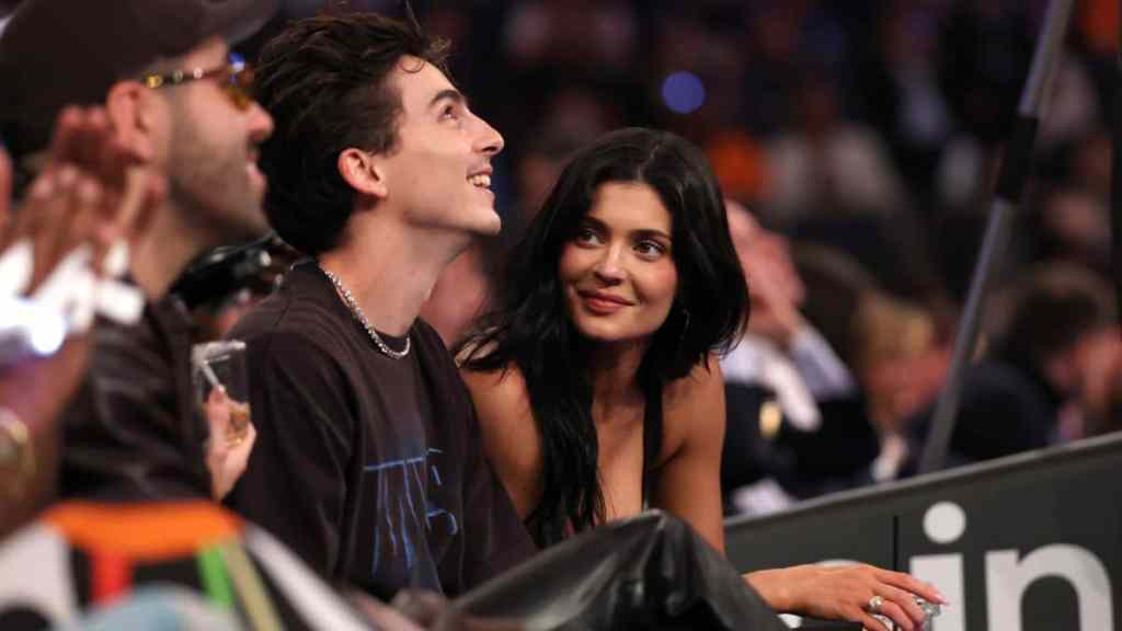 Actor Timothee Chalamet and Kylie Jenner sit court-side during the first quarter in Game Four of the Eastern Conference Second Round NBA Playoffs between the Boston Celtics and the New York Knicks at Madison Square Garden on May 12, 2025 in New York City.