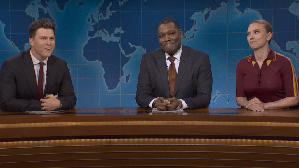 Colin Jost, Michael Che, Scarlett Johansson on Saturday Night Live