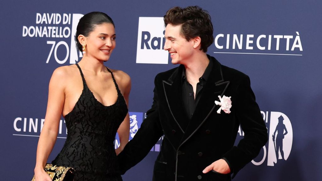 Timothée Chalamet and Kylie Jenner attend the red carpet during the 70th David Di Donatello at Cinecittà Studios on May 07, 2025 in Rome, Italy.