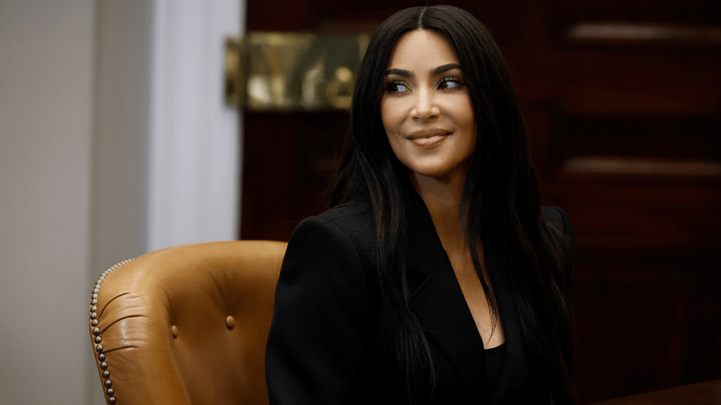 Reality television star and businesswoman Kim Kardashian attends a roundtable discussion on criminal justice reform hosted by Vice President Kamala Harris in the Roosevelt Room at the White House on April 25, 2024 in Washington, DC.