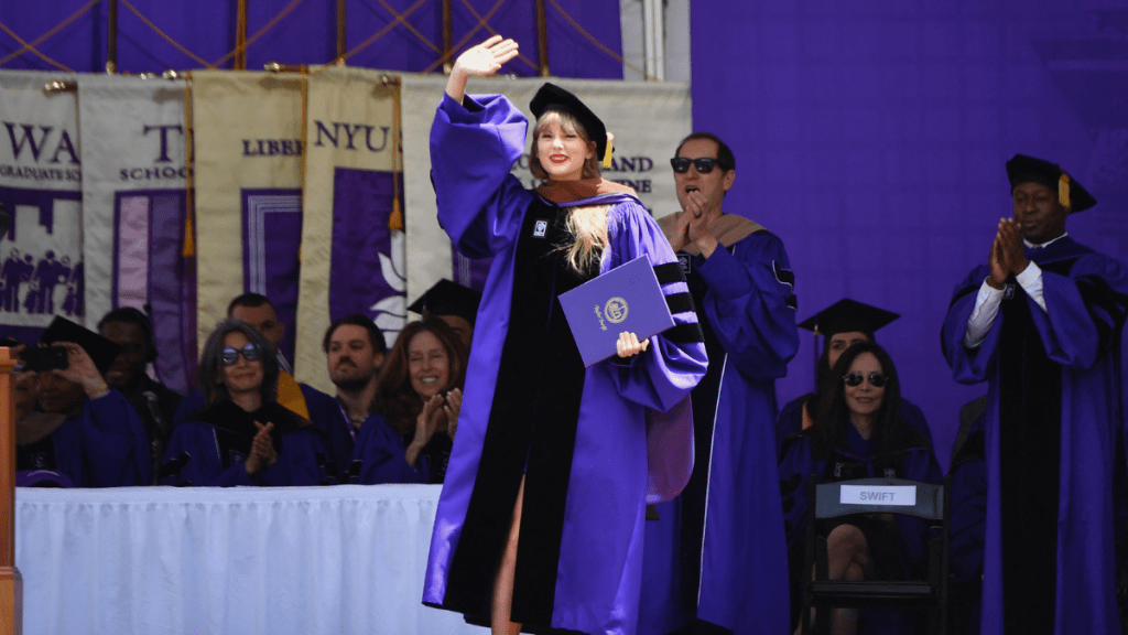 Singer Taylor Swift receives an honorary doctorate of fine arts during New York University's commencement ceremony for the class of 2022 at Yankee Stadium in New York City on May 18, 2022.
