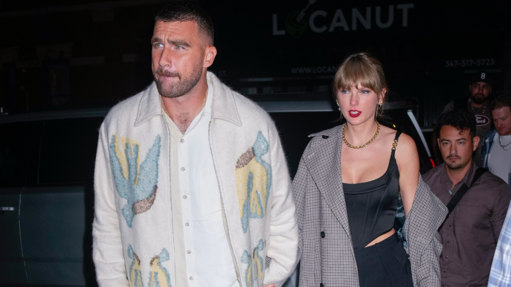 Travis Kelce and Taylor Swift arrive at SNL Afterparty on October 15, 2023 in New York City.